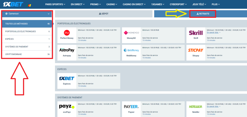 Transactions sur les plateformes 1xBet Android, iOS et web